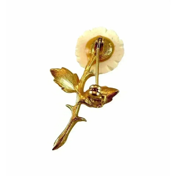 VTG Beige Flower Gold Tone Metal Brooch Pin Plastic Rose - Picture 3 of 10